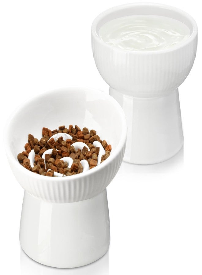 Afarnook 2 Pcs Raised Cat Slow Feeder Bowl Ceramic Elevated Cat Bowls, No Spill High Edge, Anti Vomiting for Pets Kitten Puppies Dry Wet Food and Water, Dishwasher Safe - Image 1